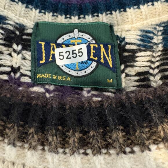 Vintage Jantzen Sweater Mens Medium Cream Purple Blue Brown Chevron Knit USA 90s - Picture 10 of 10